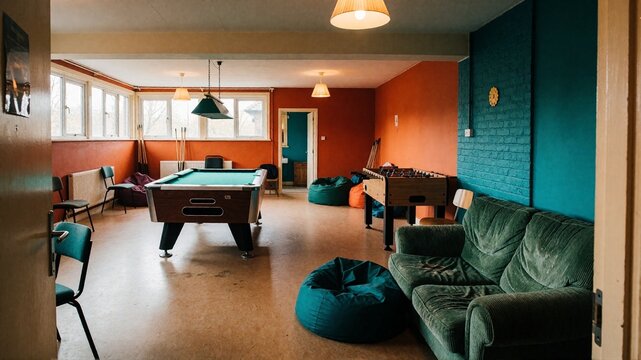 A recreation room with a pool table and foosball table