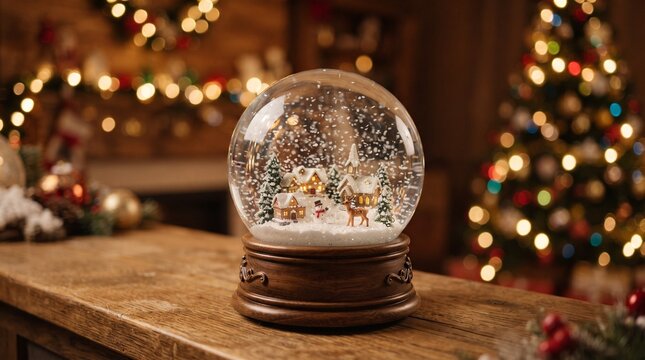 Glass snow globe with a miniature christmas village, snowman, reindeer, fir trees and falling snow on a brown wooden base, standing on a rustic wooden table with a christmas tree and string lights beh