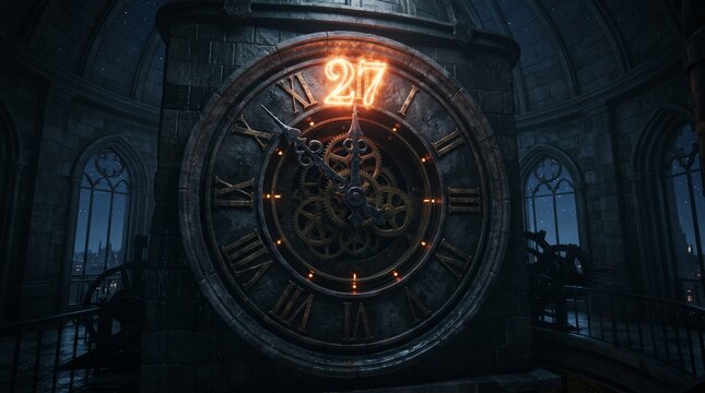 Giant antique clock with roman numerals, gears and a glowing orange 27 at the top, set in a dark gothic stone clock tower with arched windows and iron railings, new year 2027 midnight countdown concep