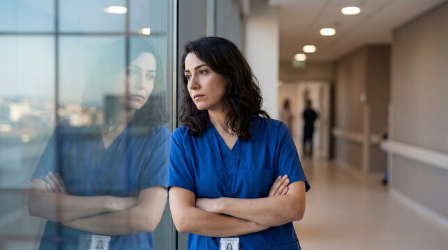 Thoughtful nurse practitioner in blue scrubs looking out a hospital window with arms crossed with other medical professionals blurred background NP Week November 8 14 medium shot