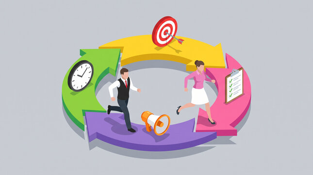 Pdca cycle isometric business people running along a colorful arrow loop with target clock and checklist representing plan do check act corporate strategy and project management