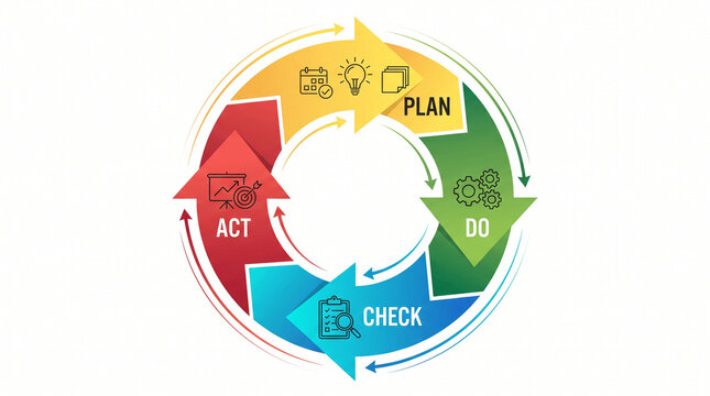Comprehensive colorful business diagram showing the pdca cycle with plan do check act steps, icons, and arrows in a continuous improvement management methodology concept graphic