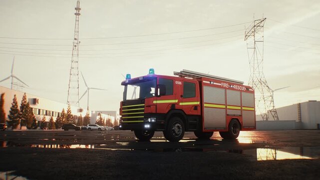 Fire Truck Parked on an Open Asphalt Lot at Sunset, Emergency Services Concept.