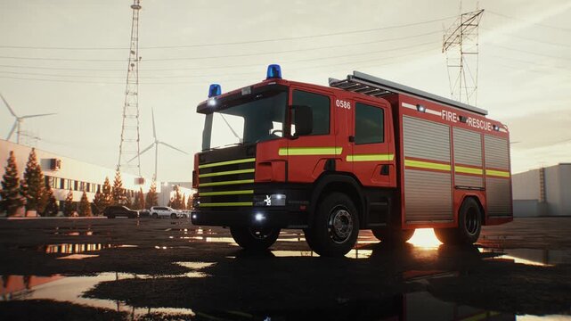 Fire Truck Parked on an Open Asphalt Lot at Sunset, Emergency Services Concept.