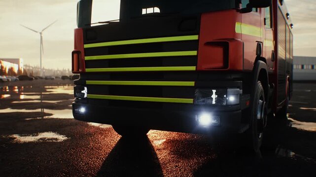 Fire Truck Parked on an Open Asphalt Lot at Sunset, Emergency Services Concept.