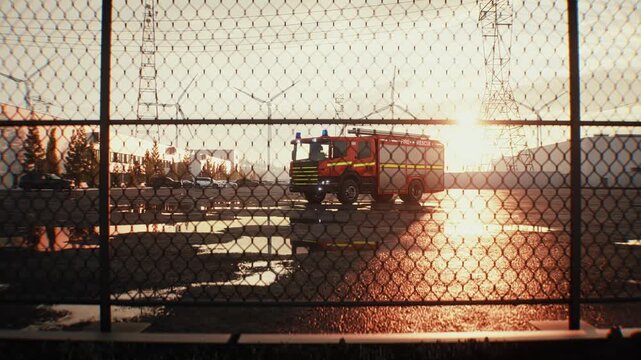 Fire Truck Parked on an Open Asphalt Lot at Sunset, Emergency Services Concept.