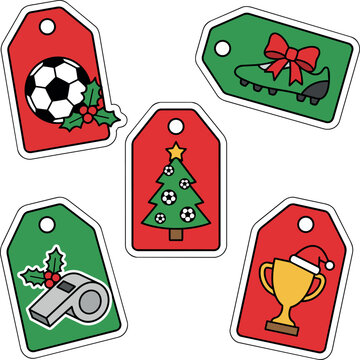Christmas Soccer Gift Tags Collection with Football, Cleat, Tree, Whistle and Trophy