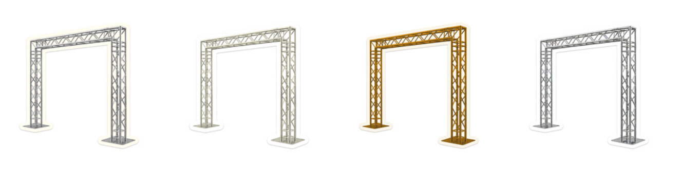 Set of structural metal truss arch models in gold and silver colors perfect for stage event constructions or exhibition stands.