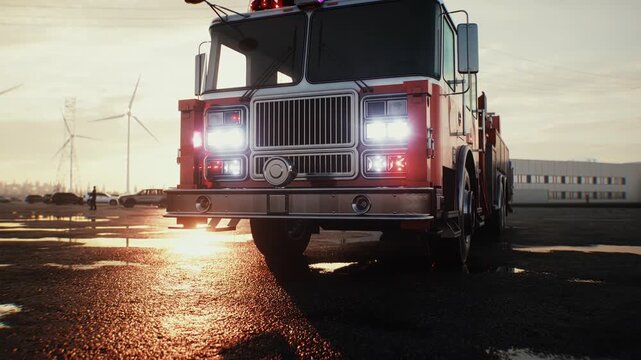 Fire Truck Parked on an Open Asphalt Lot at Sunset, Emergency Services Concept.
