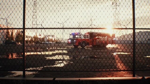 Fire Truck Parked on an Open Asphalt Lot at Sunset, Emergency Services Concept.