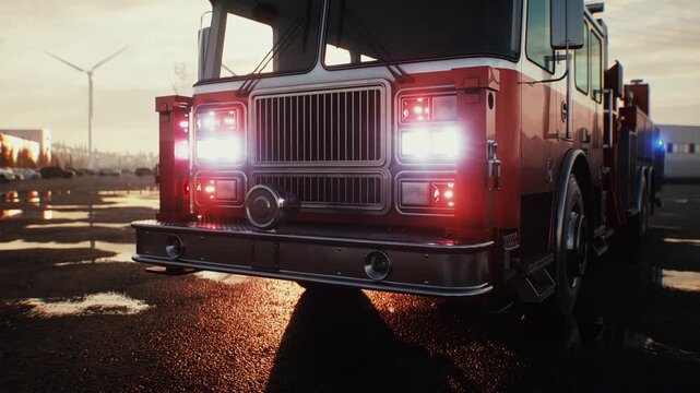 Fire Truck Parked on an Open Asphalt Lot at Sunset, Emergency Services Concept.