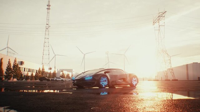Futuristic Car Parked at Sunset with Wind Turbines in the Background.