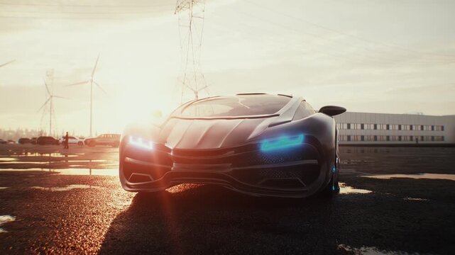 Futuristic Car Parked at Sunset with Wind Turbines in the Background.
