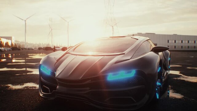 Futuristic Car Parked at Sunset with Wind Turbines in the Background.