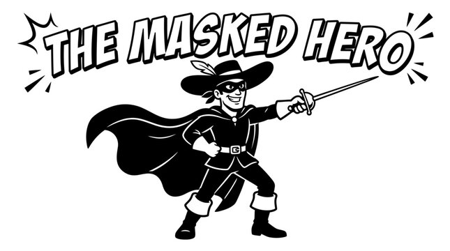 Original black and white cartoon Flat Vector of a masked swordsman hero in a confident rescue pose, holding his sword forward, black hat and cape, character only, bold outlines, no gradients.