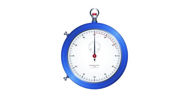 A close-up of a blue chronograph stopwatch with red accents and white face against varying green backgrounds
