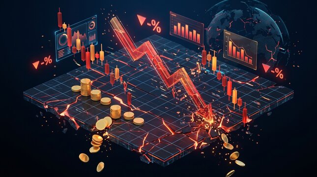 Stock market crash and economic recession concept with red bearish chart trend line