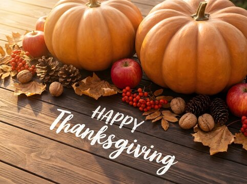 Happy Thanksgiving lettering on wood with pumpkins, apples, nuts