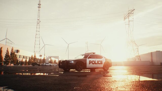 Police Car with Flashing Emergency Lights Parked on an Open Asphalt Lot at Sunset.