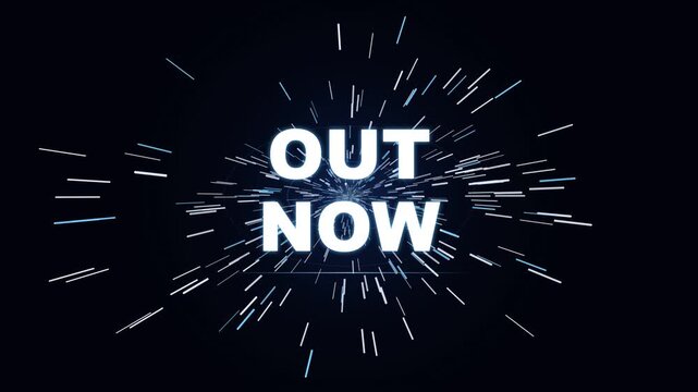 Out Now Text Animation with Space Warp Effect on Black Background, Fast Moving Stars, Hyperspace Tunnel, Cosmic Speed Effect, Futuristic Typography, Cinematic Title Reveal and Motion Graphics, 4K
