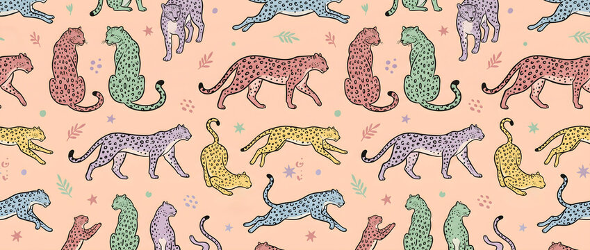 Wide Seamless Pattern of Colorful Spotted Leopards Walking and Lounging Amid Botanical Leaves on Warm Apricot Peach Background for Fabric Decor