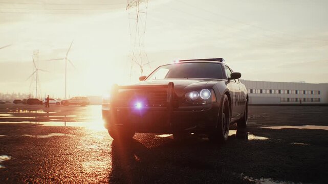 Police Car with Flashing Emergency Lights Parked on an Open Asphalt Lot at Sunset.