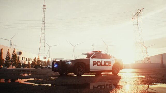 Police Car with Flashing Emergency Lights Parked on an Open Asphalt Lot at Sunset.