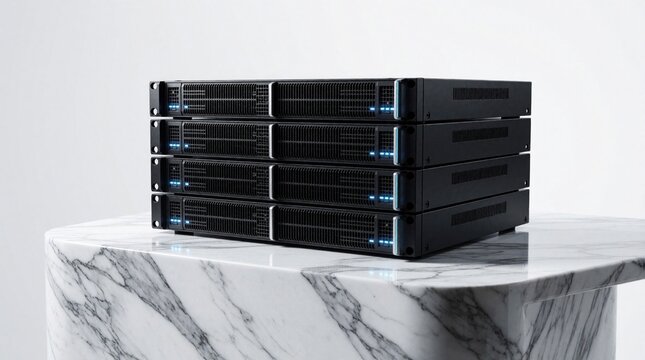 Modern black server hardware stacked on white marble table. High tech network equipment with blue LED lights sits in bright office. Enterprise data storage solution for cloud computing, digital