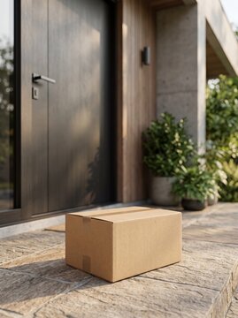 Cardboard Ecommerce Delivery Package Arriving at Residential Front Door, Online Shopping and Home Shipping Concept
