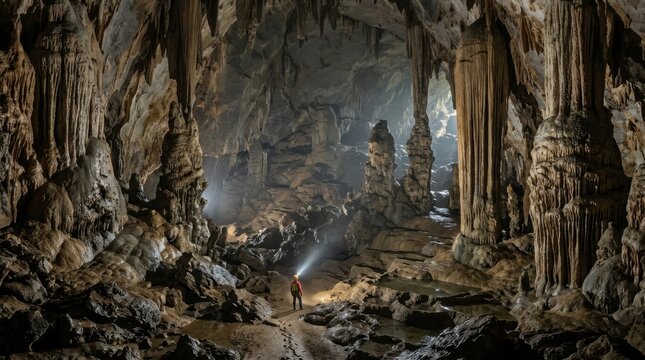 Explorer with Headlamp Illuminating Vast Cave Formations.