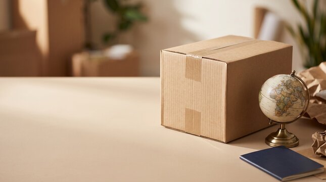 Cross Border Ecommerce Shipping with Cardboard Parcel and World Globe, International Online Retail and Global Trade