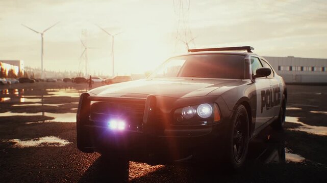Police Car with Flashing Emergency Lights Parked on an Open Asphalt Lot at Sunset.