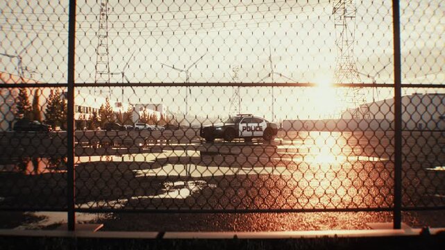 Police Car with Flashing Emergency Lights Parked on an Open Asphalt Lot at Sunset.