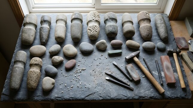 Prehistoric stone axes and flint tools arranged neatly on a dark slate workbench inside workshop studio lighting