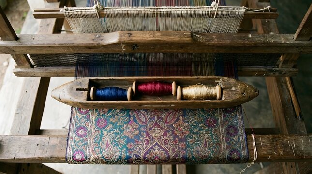 Traditional wooden handloom weaving machine showcasing colorful threads spools and intricate patterned fabric textile inside local workshop
