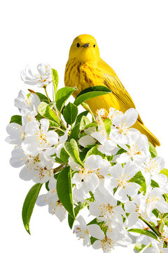 Yellow Songbird and White Blossoms Isolated on Transparent Background