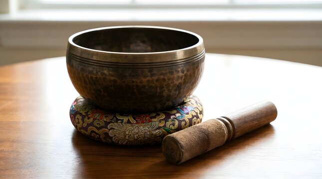 Traditional metal singing bowl resting peacefully upon a colorful embroidered cushion with a wooden mallet nearby on a table