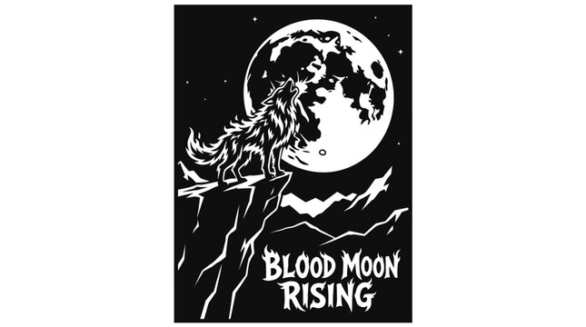 Black and white cartoon Flat Vector fiery wolf howling toward a huge moon from a cliff, flame-shaped fur, dark hills, full-page composition, clean upper corners, bold outlines, title inside image