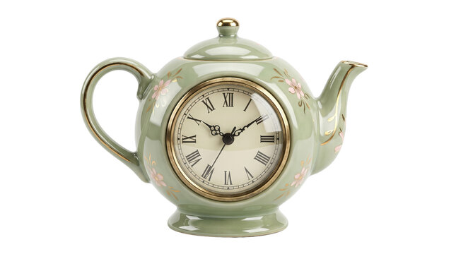 Elegant sage green ceramic teapot clock, a charming decorative timepiece with delicate floral accents. Vintage-inspired kitchen decor, a unique gift for tea lovers and home styling.
