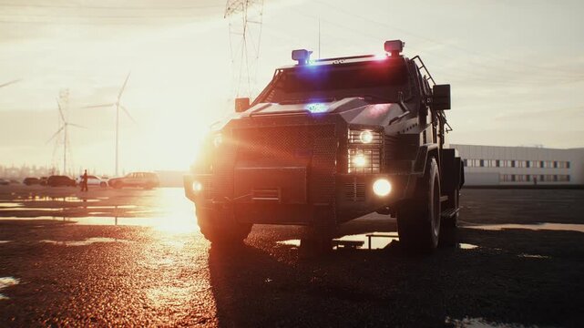SWAT Tactical Police Vehicle with Flashing Emergency Lights Parked at Sunset.