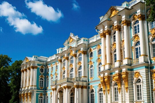 Grand baroque palace with blue walls, gold ornaments under blue sky. Historic royal building features white columns, luxury architecture. Luxury estate shows classic European style with ornate