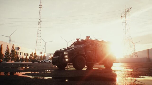 SWAT Tactical Police Vehicle with Flashing Emergency Lights Parked at Sunset.