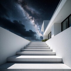 Fototapeta premium Modern white house stairs lead toward starry night sky with milky way galaxy. Minimalist concrete stpic create pathway to bright celestial view. Contemporary architecture design features clean lines