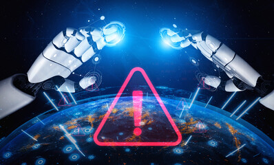 AI monitors network to issue real-time alerts for cybersecurity incidents. Alert warning showing red cyber for data breach, network threat, emphasis on security risk, caution, digital protection Vouch © InfiniteFlow