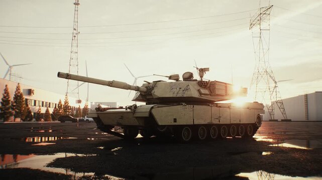 American Military Tank at Sunset, Armored Combat Vehicle in Dramatic Evening Light.