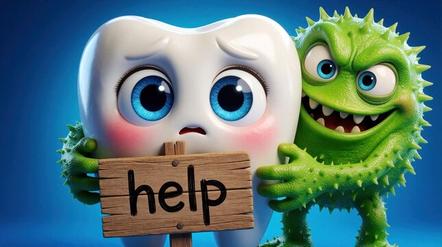 Sad cartoon tooth holds wooden sign saying help. Green germ monster stands behind tooth with evil smile. Dental decay concept shows toothache pain, oral hygiene problem. Scary bacteria causing