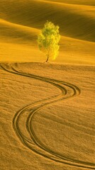 Naklejka premium Golden field with lone tree and winding path.
