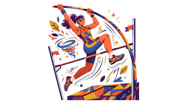 Flat vector illustration of a professional female athlete performing a pole vault jump over a horizontal bar, featuring vibrant geometric patterns and half-tone textures on white.