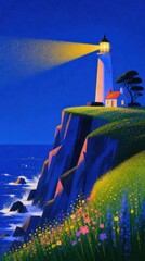 Naklejka premium Whimsical lighthouse cliff mobile wallpaper with vibrant dreamy coastal art