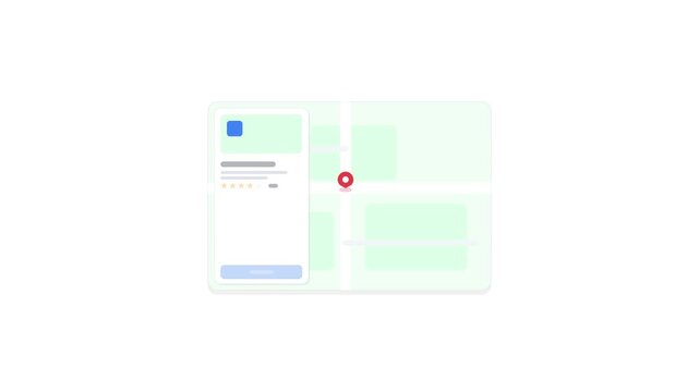 Generic flat design animation of a digital map interface with a red location pin and a business information pop-up window featuring star ratings and a call-to-action button for local SEO search.